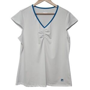 Fila Sport Top Womens XXL White Blue V-Neck Ruched Tennis Golf Activewear